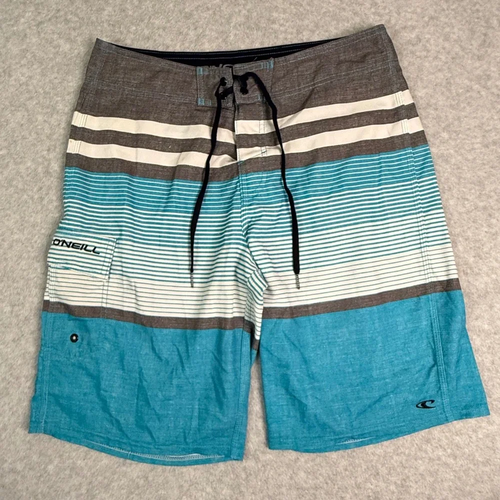 ONeill Mens Striped Board Shorts Blue Grey Size 31 Swim Trunks Cargo Pocket